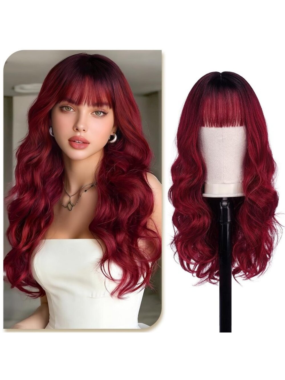 24 Inch Women's Copper Red Highlights Natural Looking Synthetic Wig with Bangs